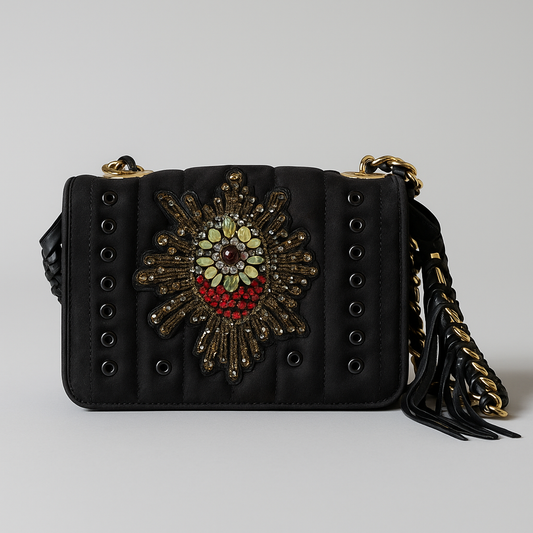 Embellished Black Quilted Shoulder Bag