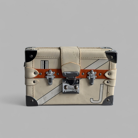 Structured Trunk-Style Box Bag – Beige with Orange Strap