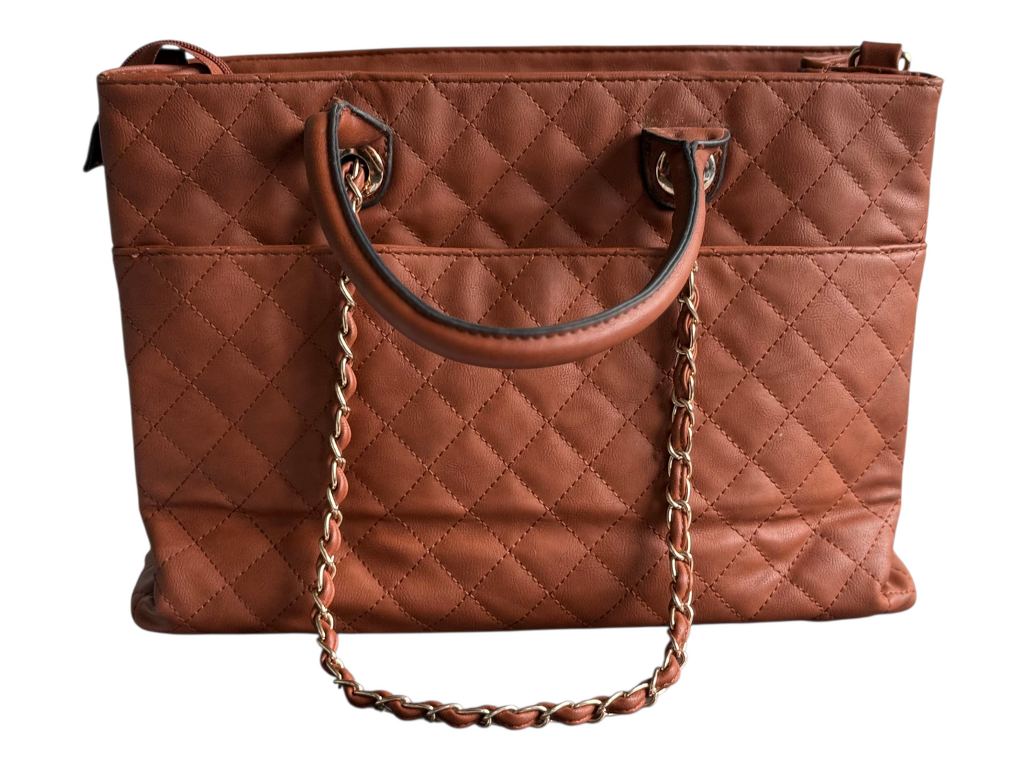 Brown Quilted Tote Bag with Chain Handles