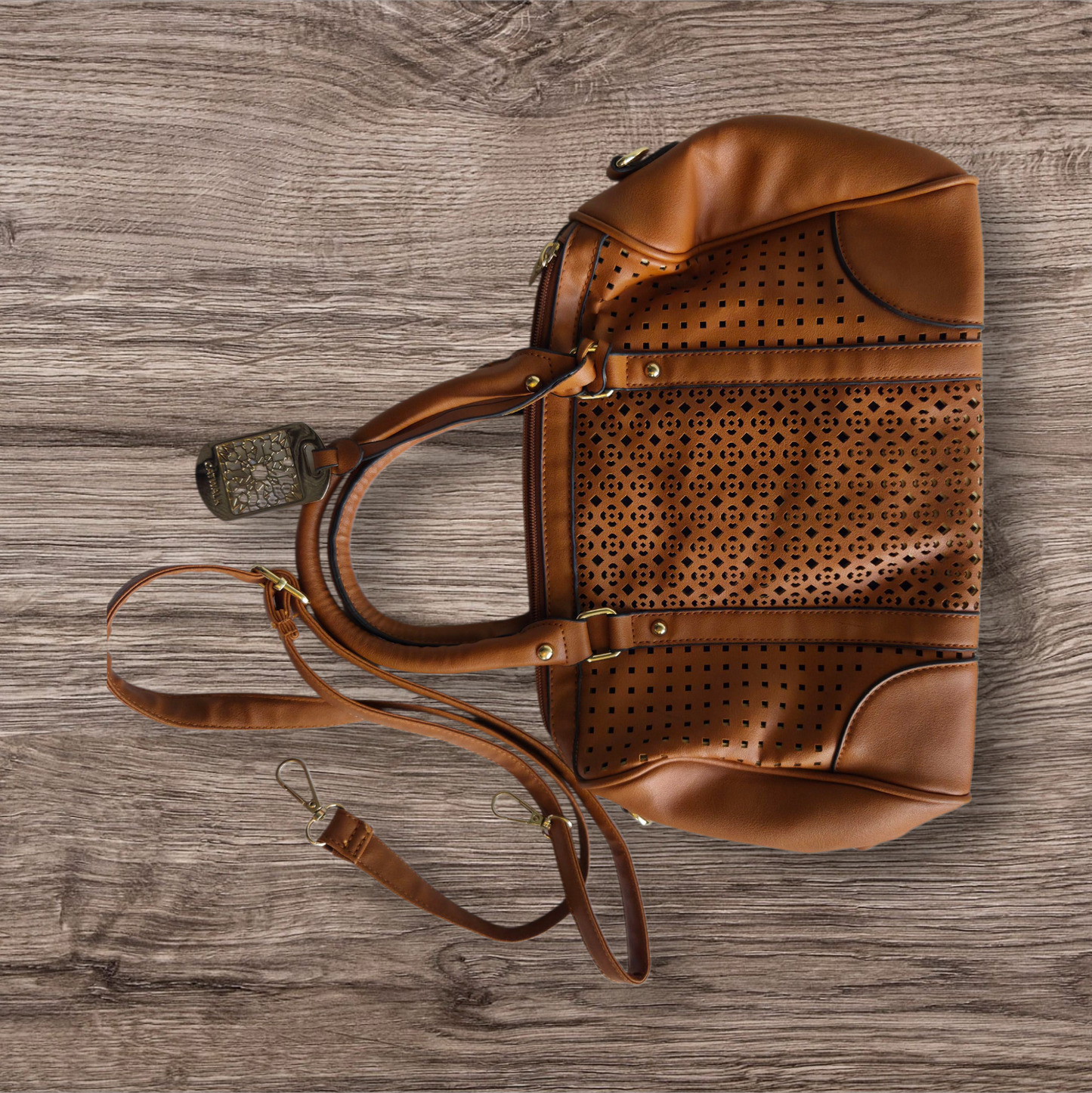 Preloved Brown Cut-Out Handbag – Elegant & Unique