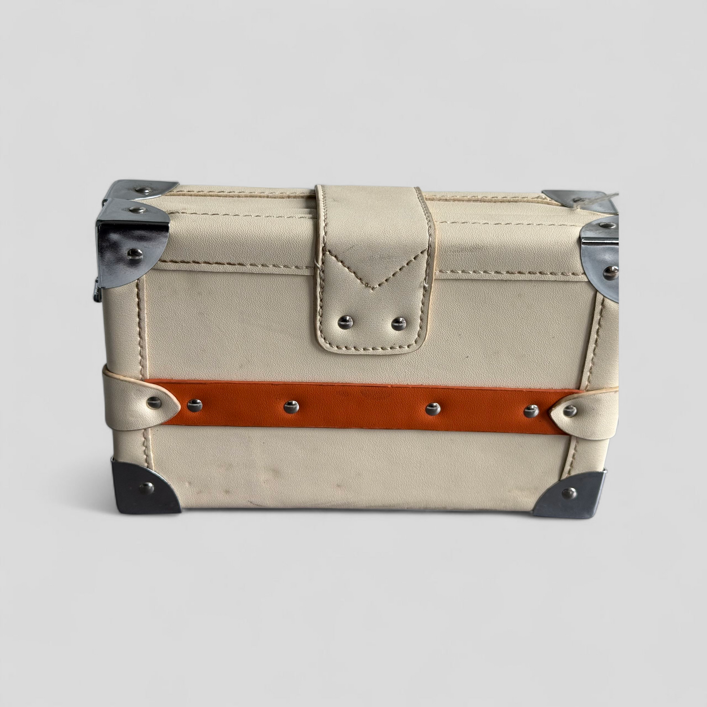 Structured Trunk-Style Box Bag – Beige with Orange Strap