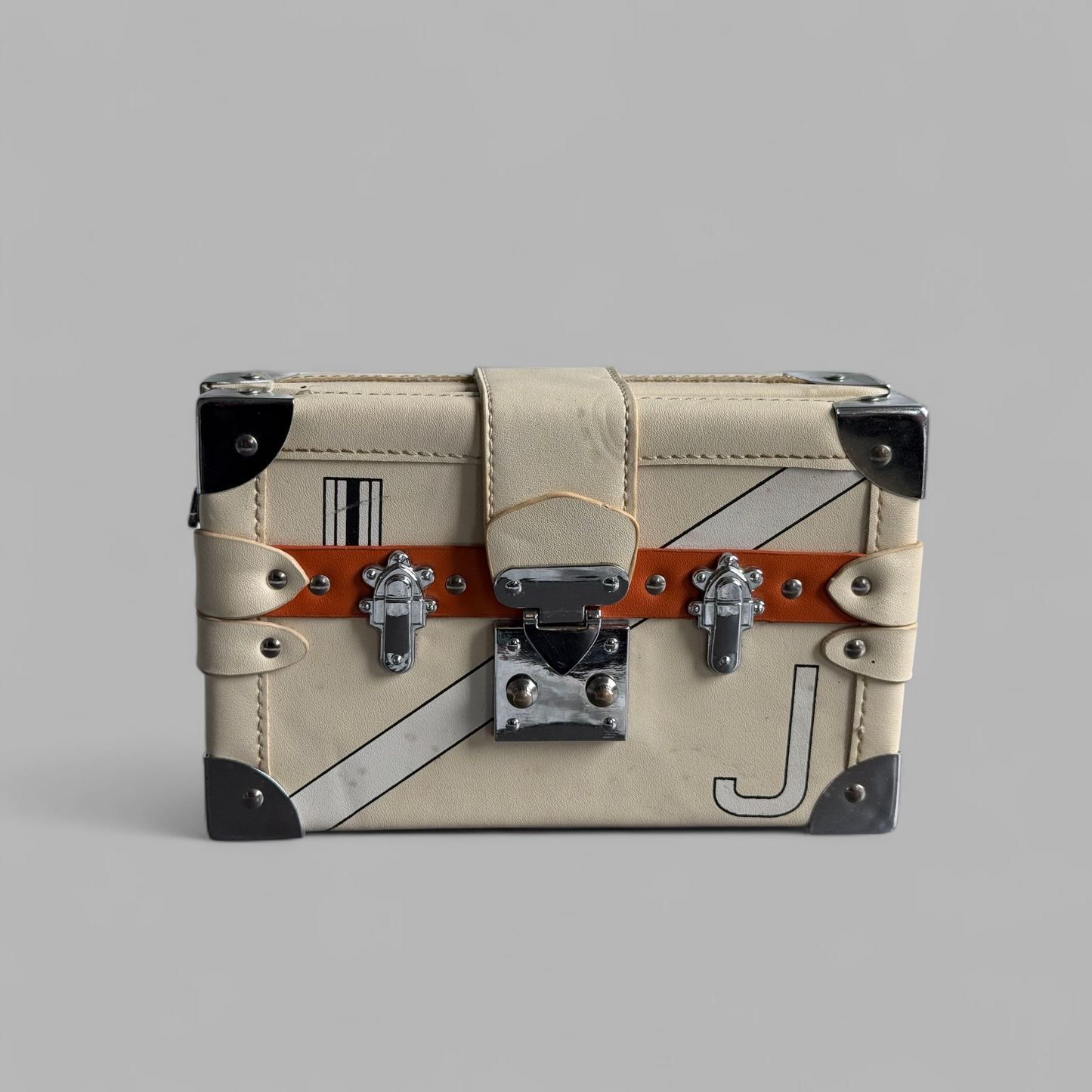 Structured Trunk-Style Box Bag – Beige with Orange Strap