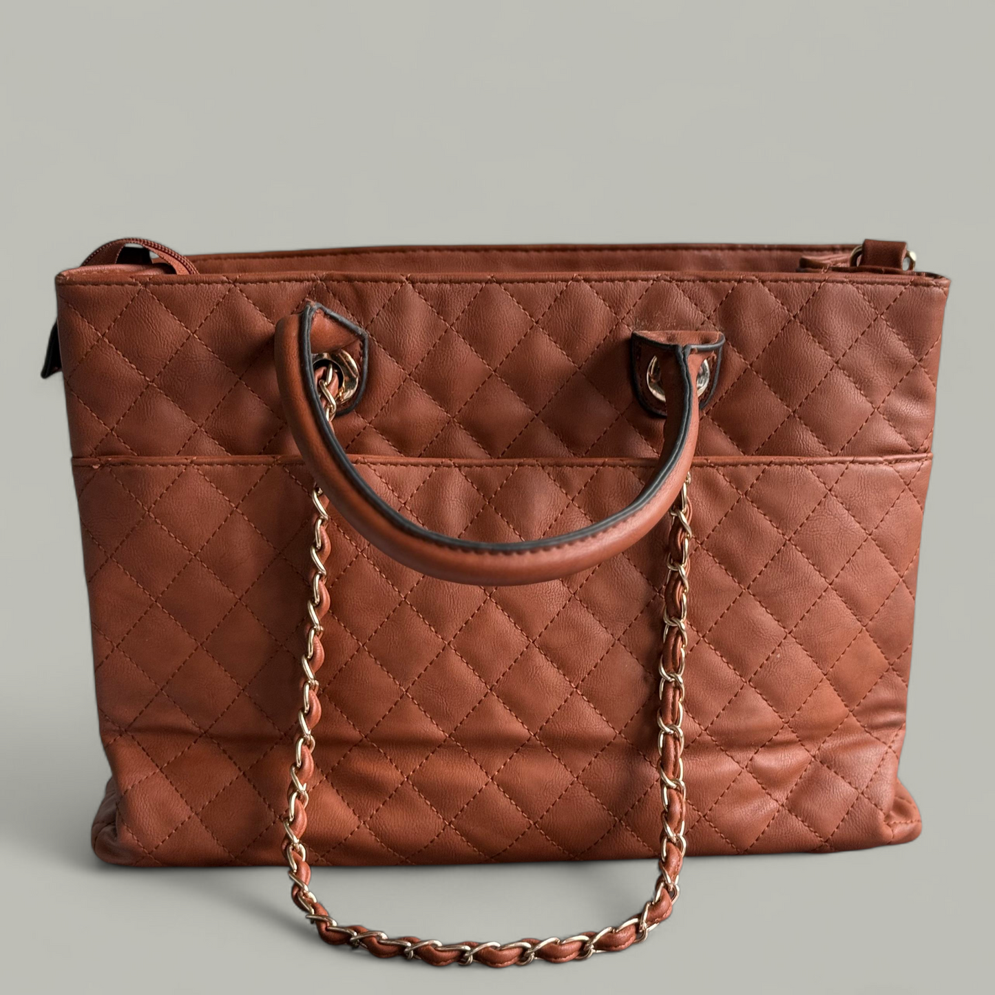 Brown Quilted Tote Bag with Chain Handles